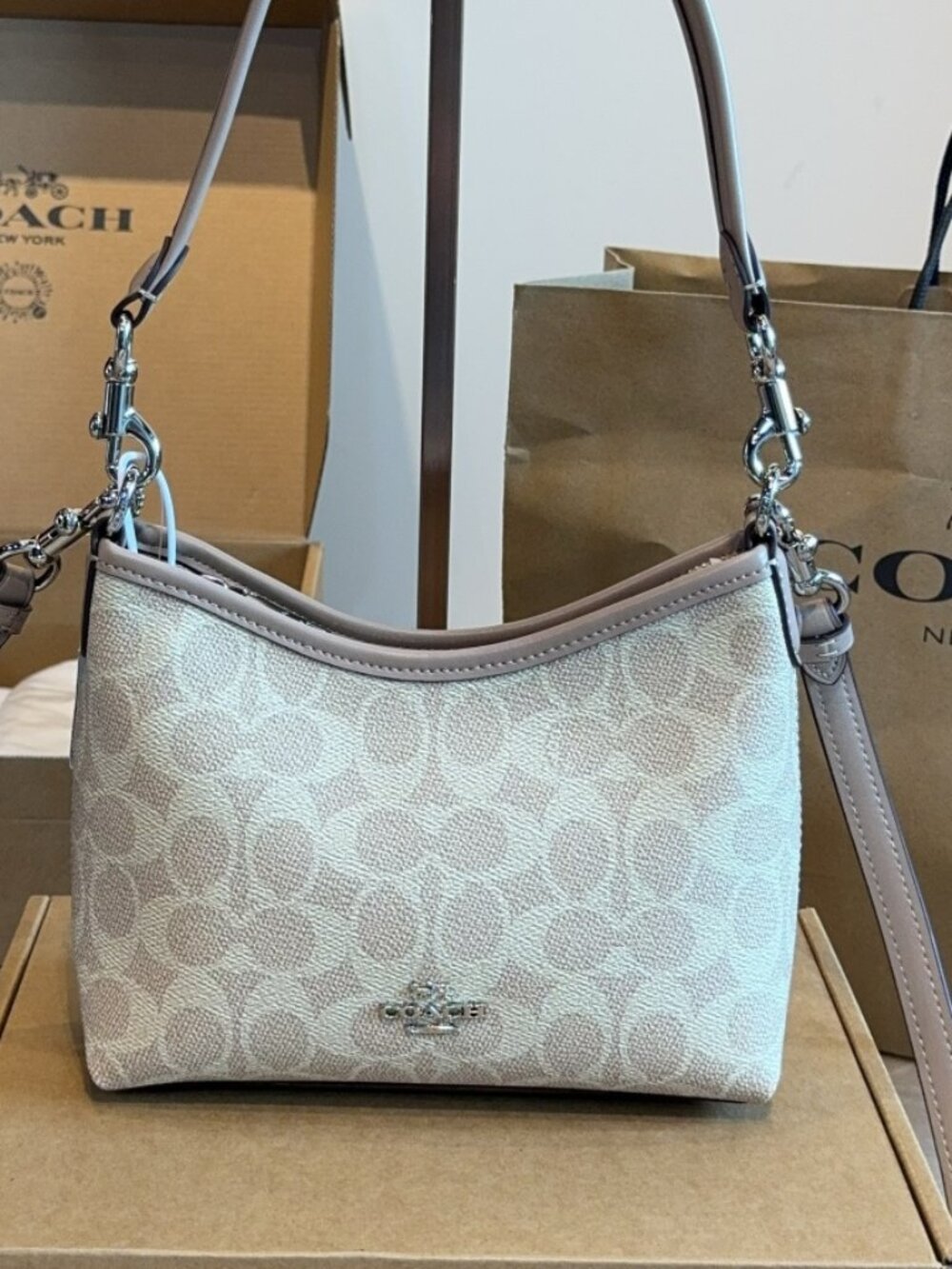Coach Mini Shoulder Tote Chalk Signature Canvas Convertible Crossbody Handbag